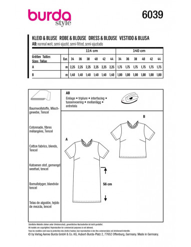 Patron Burda 6039 - Robe et Blouse avec décolleté V dans le dos du 34 au 44