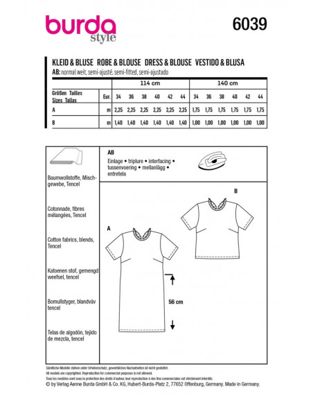 Patron Burda 6039 - Robe et Blouse avec décolleté V dans le dos du 34 au 44