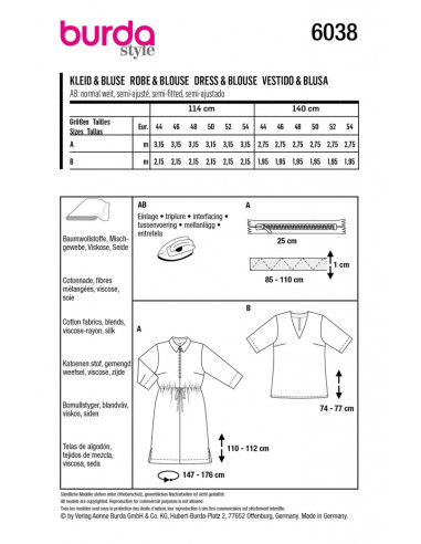 Patron Burda 6038 - Robe chemise ou chemise avec fermeture à glissière au devant du 44 au 54