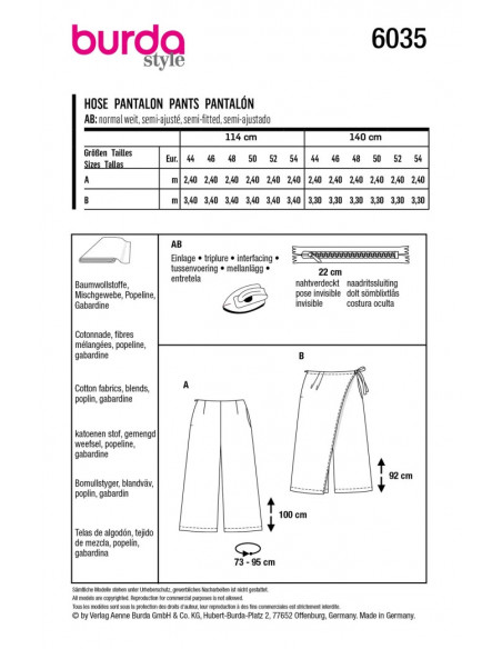 Patron Burda 6035 - Pantalon et Jupe- culotte avec pan de surjupe du 44 au 54