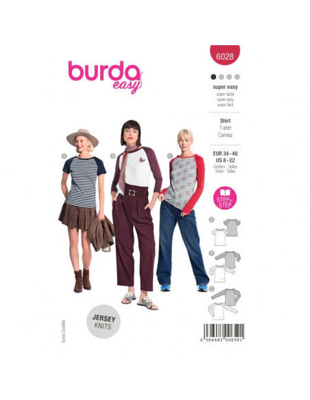 Patron Burda 6028 - Tee- shirts près du corps, manches raglan et encolure arrondie du 34 au 44