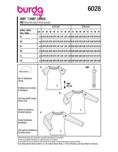 Patron Burda 6028 - Tee- shirts près du corps, manches raglan et encolure arrondie du 34 au 44