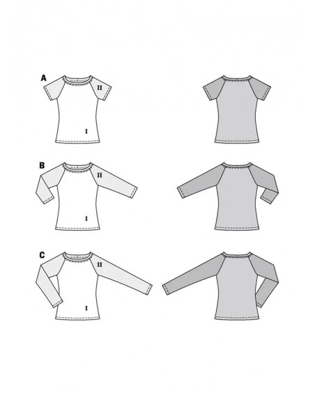 Patron Burda 6028 - Tee- shirts près du corps, manches raglan et encolure arrondie du 34 au 44