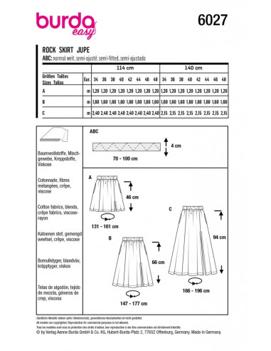 Patron Burda 6027 - Jupes à pans évasés, variations de longueurs du 34 au 44