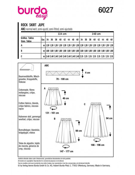 Patron Burda 6027 - Jupes à pans évasés, variations de longueurs du 34 au 44