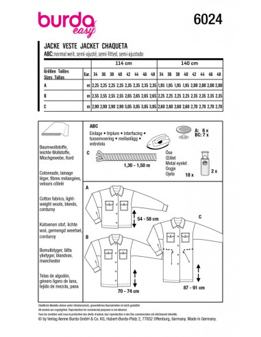 Patron Burda 6024 - Vestes sportives style chemises canadiennes du 34 au 44