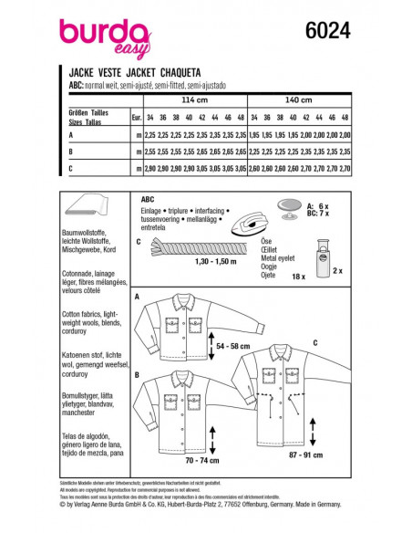 Patron Burda 6024 - Vestes sportives style chemises canadiennes du 34 au 44