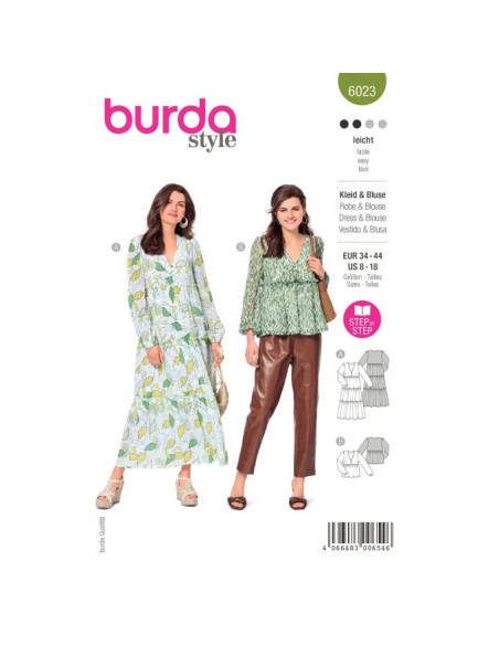 Patron Burda 6023 - Robes et Blouses encolure V avec boutons du 34 au 44