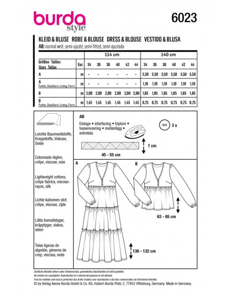Patron Burda 6023 - Robes et Blouses encolure V avec boutons du 34 au 44