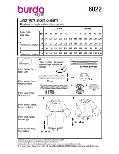 Patron Burda 6022 - Vestes style Parka avec variations du 34 au 44