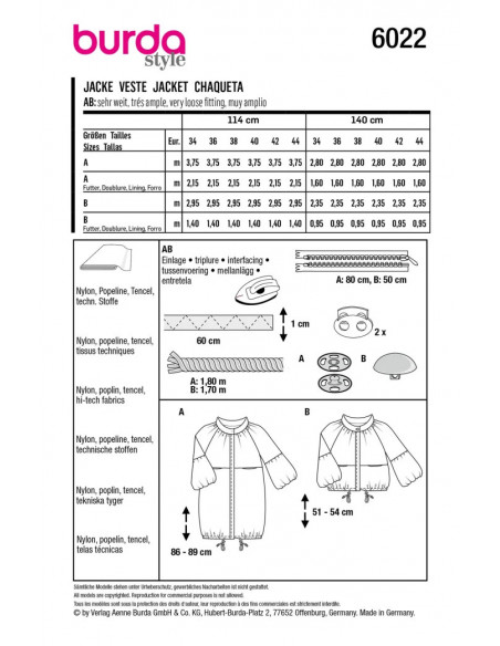 Patron Burda 6022 - Vestes style Parka avec variations du 34 au 44