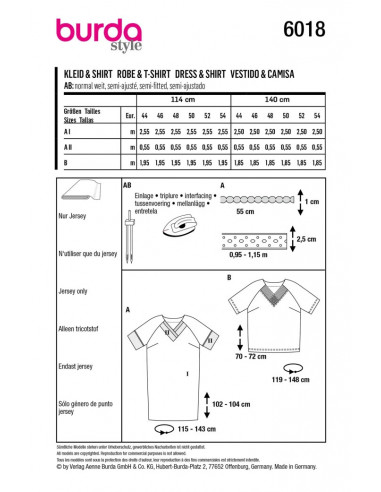 Patron Burda 6018 - Robe et Tee-shirt à manches raglan du 44 au 54