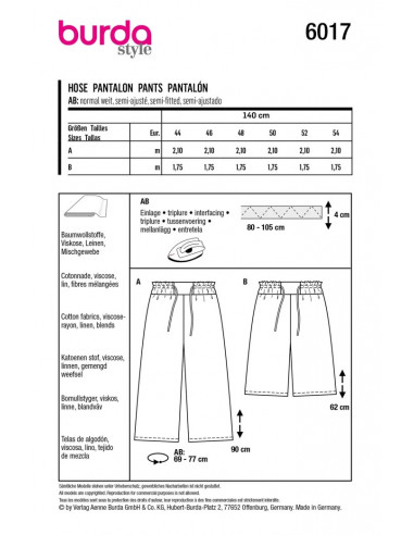 Patron Burda 6017 - Pantalon ample fluide avec large ceinture à nouer du 44 au 54