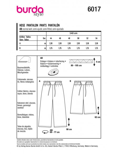 Patron Burda 6017 - Pantalon ample fluide avec large ceinture à nouer du 44 au 54