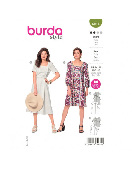 Patron Burda 6014 - Robe, encolure carré et liens à noués à la taille du 34 au 44