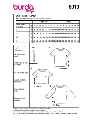 Patron Burda 6010 - Tee- shirts basiques avec variations du 34 au 44