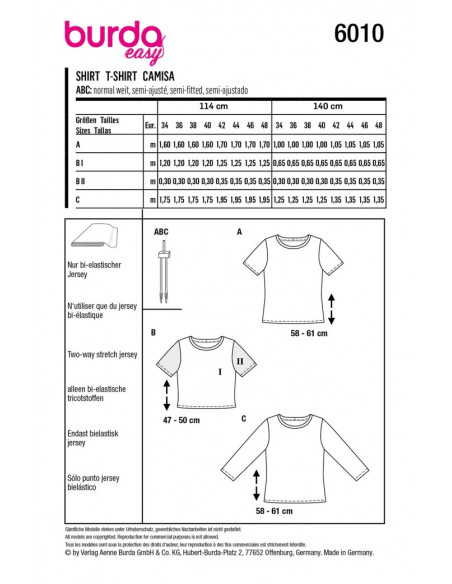 Patron Burda 6010 - Tee- shirts basiques avec variations du 34 au 44