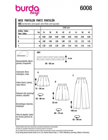 Patron Burda 6008 - Pantalon avec taille élastique du 34 au 44