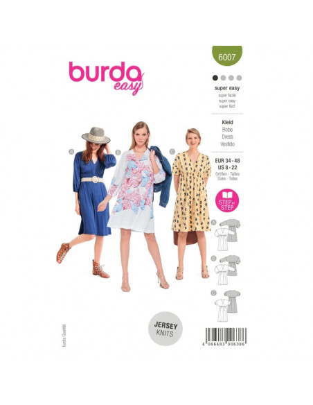 Patron Burda 6007 - Robe à enfiler, col V et élastique taille du 34 au 44