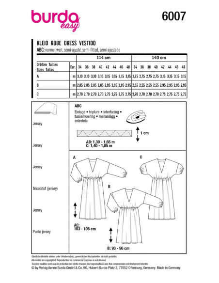 Patron Burda 6007 - Robe à enfiler, col V et élastique taille du 34 au 44