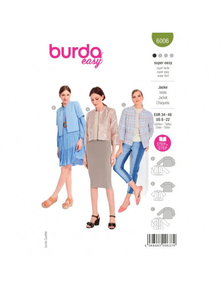 Patron Burda 6006 - Veste courte, coupe droite et col droit du 34 au 44
