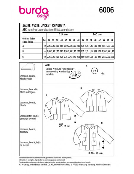 Patron Burda 6006 - Veste courte, coupe droite et col droit du 34 au 44