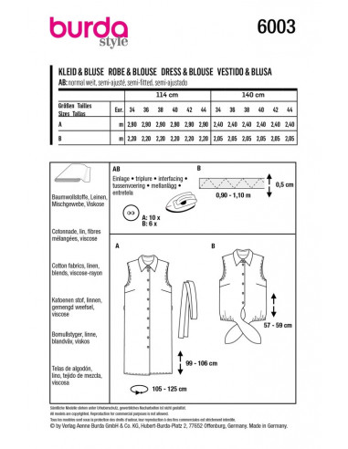 Patron Burda 6003 - Robe chemisier et Blouse du 34 au 44