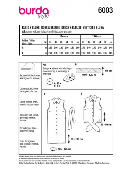 Patron Burda 6003 - Robe chemisier et Blouse du 34 au 44