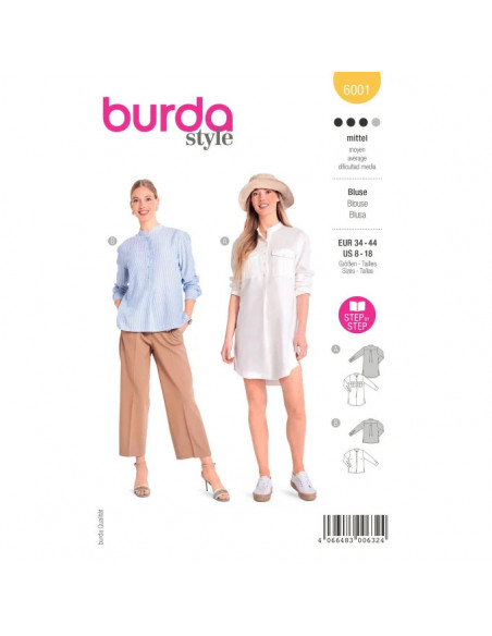 Patron Burda 6001 - Chemisier classique aux détails raffinés du 34 au 44