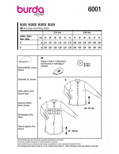 Patron Burda 6001 - Chemisier classique aux détails raffinés du 34 au 44