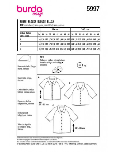 Patron Burda 5997 - Blouse manches raglan Femme du 34au 48