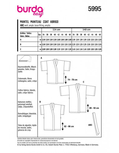 Patron Burda 5995 - Manteau Kimono Femme du 34 au 48
