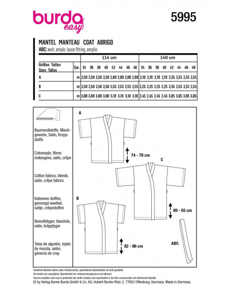 Patron Burda 5995 - Manteau Kimono Femme du 34 au 48