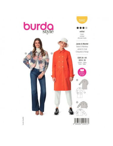 Patron Burda 5992 - Veste &  manteau avec double rang de boutonnage du 34 au 44