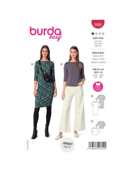 Patron Burda 5985 - Robe étroite & tee-shirt à manches 3/4 avec encolure bateau du 34 au 44