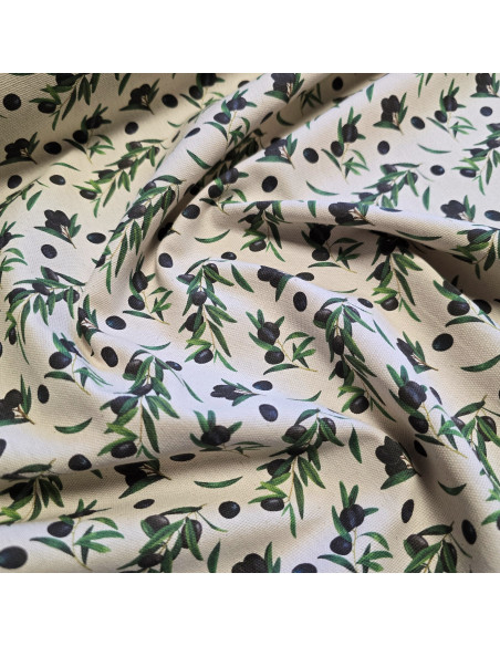 Tissu, Demi-natté Aspect Lin Impression Digitale, Olive Noire, Laize 150 cm, 100% Coton