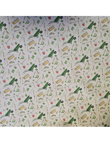 Tissu, Demi-natté Impression Digitale Jardinage, Multicolore, Laize 150 cm, 100% Coton Aspect Lin
