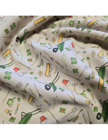 Tissu, Demi-natté Impression Digitale Jardinage, Multicolore, Laize 150 cm, 100% Coton Aspect Lin