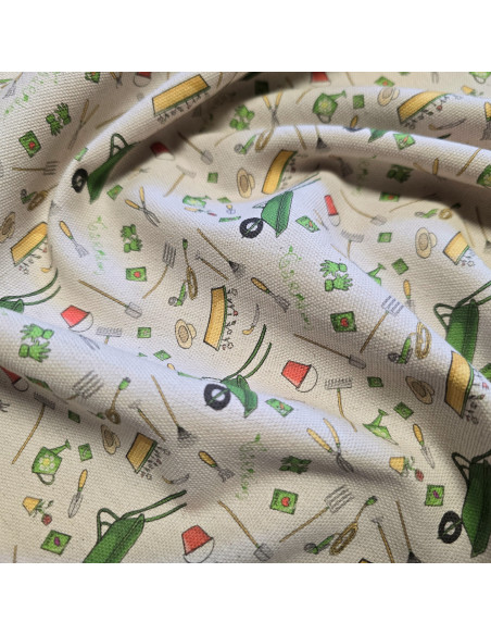 Tissu, Demi-natté Impression Digitale Jardinage, Multicolore, Laize 150 cm, 100% Coton Aspect Lin