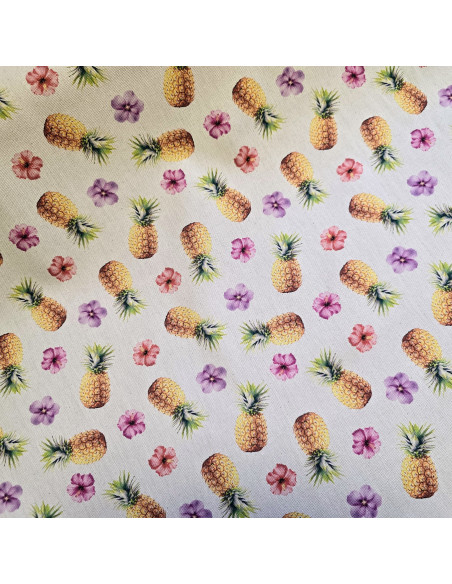 Tissu, Demi-natté Impression Digitale Ananas Hibiscus, Multicolore Tropical, Laize 150 cm, 100% Coton Décoration