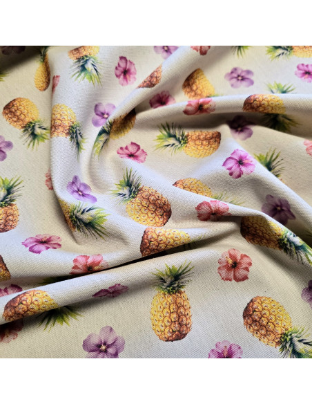 Tissu, Demi-natté Impression Digitale Ananas Hibiscus, Multicolore Tropical, Laize 150 cm, 100% Coton Décoration