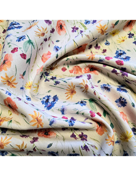 Demi-natté, aspect lin, impression digitale, fleurs champêtres