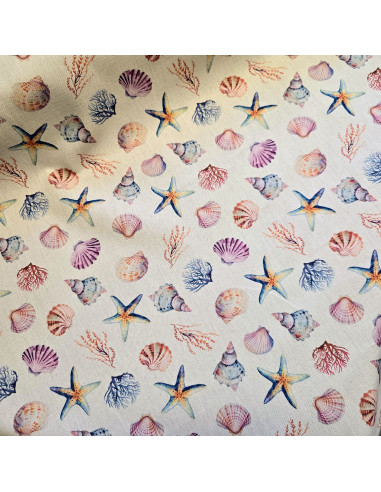 Tissu, Demi-natté Coquillages, Multicolore, Laize 150 cm, 100% Coton Aspect Lin