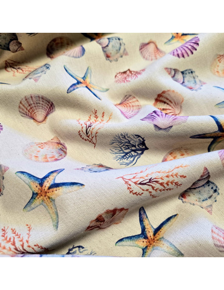 Tissu, Demi-natté Coquillages, Multicolore, Laize 150 cm, 100% Coton Aspect Lin