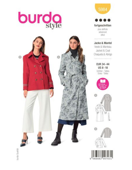 Patron Burda 5984 - Veste caban & trench-coat entièrement doublés du 34 au 44