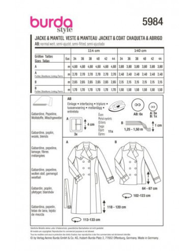 Patron Burda 5984 - Veste caban & trench-coat entièrement doublés du 34 au 44
