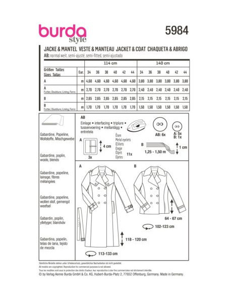 Patron Burda 5984 - Veste caban & trench-coat entièrement doublés du 34 au 44