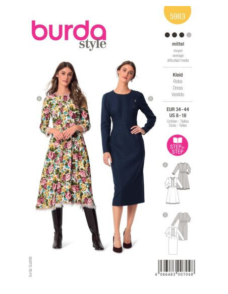 Patron Burda 5983 - Robe avec ceinture de taille et jupe ample ou droite du 34 au 44