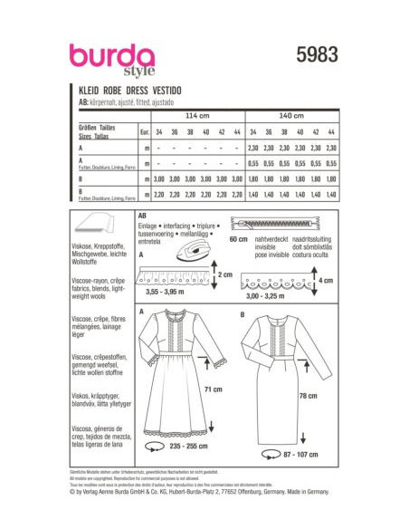 Patron Burda 5983 - Robe avec ceinture de taille et jupe ample ou droite du 34 au 44