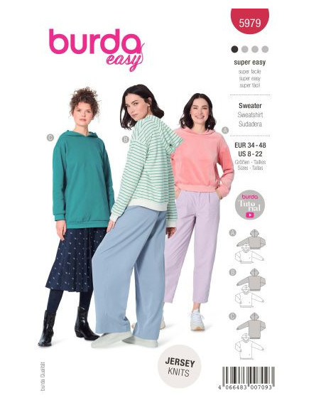 Patron Burda 5979 - Sweat-shirt à capuche décontractés et confortables proposés en trois longueurs du 34 au 48